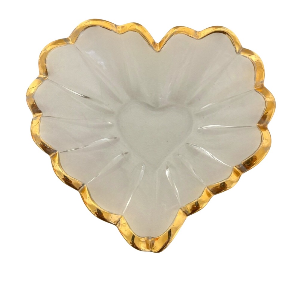 Vintage Heart Shaped Glass Trinket Dish Scalloped Gold Rim Jewelry Tray Catchall